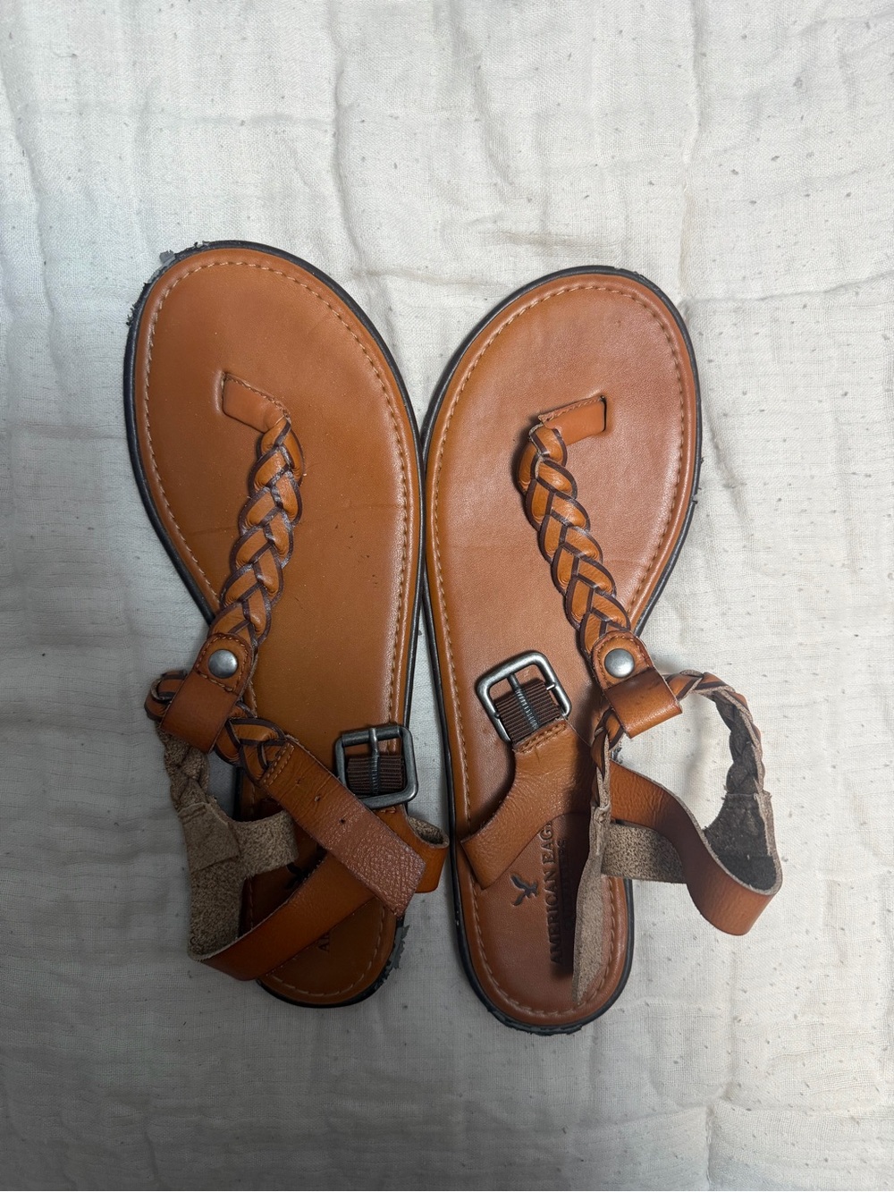American Eagle Outfitters Tan Braided Leather T-Strap Sandals